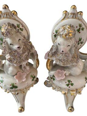 Ceramic Poodle Figurines On Chairs Gold Trim & Floral Accents Made In Japan Set